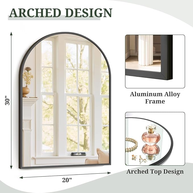 Arched Wall Mirror 30x20 Inch Black Bathroom Vanity Mirror - Image 3