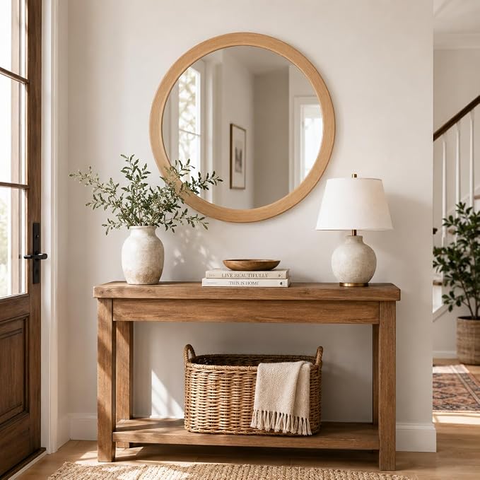 CULER Round Mirror 30 Inch, Natural Vanity Wall Rustic Mirrors, Circle Tempered - Image 2
