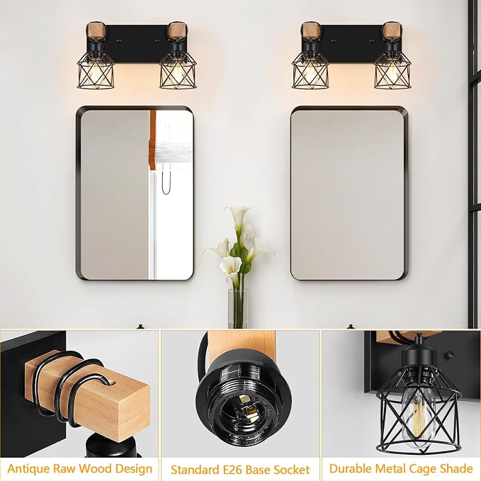 FadimiKoo 2-Light Farmhouse Bathroom Vanity Light Fixtures, Wood Bathroom - Image 3