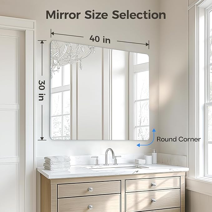 USHOWER 40x30 Inch Large Frameless Bathroom Mirror, Rectangle Wall Vanity Mirror - Image 4