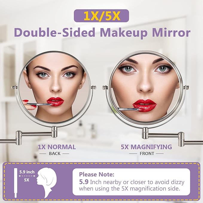 Wall Mounted Makeup Mirror, 1X/5X Magnifying Mirror Double Sided, 8 Inch - Image 2