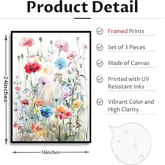 KISSFOX Framed Colorful Wildflower Canvas Wall Art Set Of 3 Flowers Pictures - Image 6