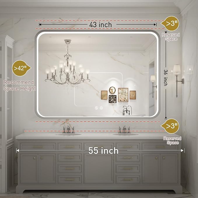 LED Bathroom Mirror with Lights, 43x36 Inch Brushed Silver Framed Lighted - Image 6