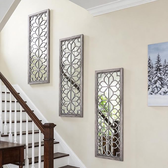 Set of 2 16x41.5 Inch Large Carved Floral Wood Frame Wall Mirrors, Shatterproof - Image 6
