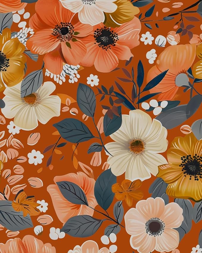 BOKEBEVE Orange Wallpaper Peel and Stick Retro Floral Contact Paper Self by BOKEBEVE
