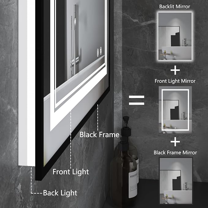LED Bathroom Mirror with Front and Backlit 24"x36", Wall Mounted, Dual LED - Image 3