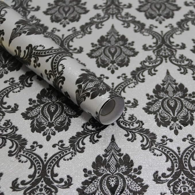 17.7" x 197" Peel and Stick Wallpaper Black Vintage Wallpaper Damask Contact by Micpolo