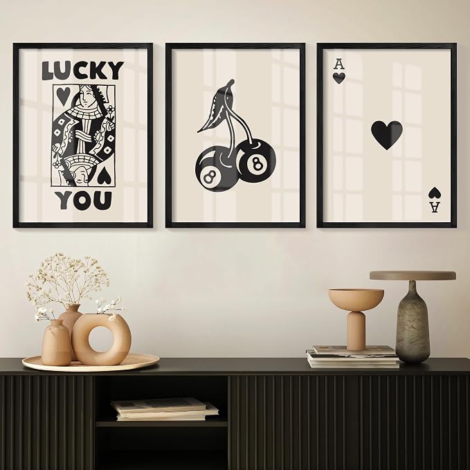 Heiple Framed Set of 3 Poker Wall Art Lucky You Poster, Trendy Retro Print Wall by Heiple