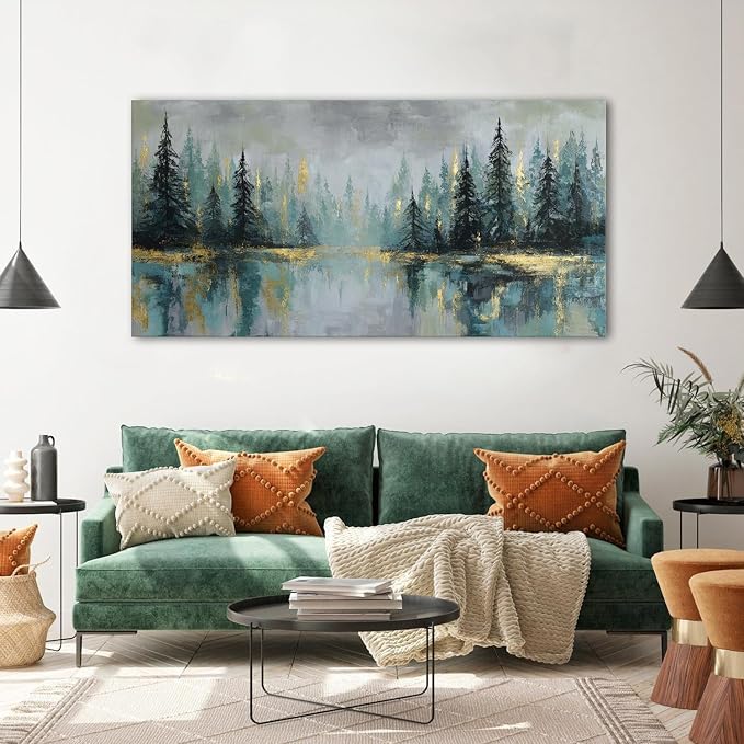 Green Forest Wall Art Vintage Fog Pine Trees Landscape Wall Decor Nature Green - Image 3