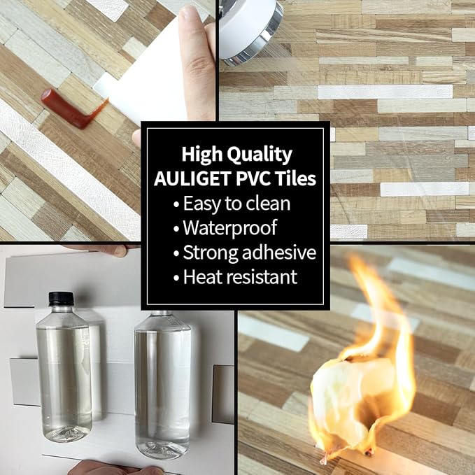 AULIGET 20 Sheets Beige & Brown Wood Peel and Stick Backsplash, PVC Mixed Metal - Image 5