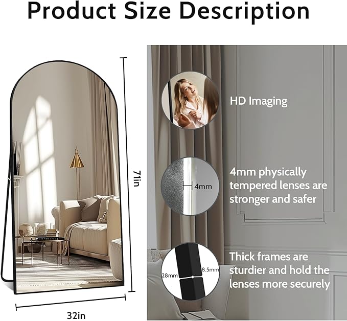 Beauty4U 71" x 32" Arched Full Length Mirror, HD Tempered Glass Floor Mirror - Image 6