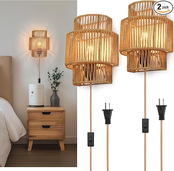 Plug-in Wall Sconces Set of 2, Handwoven Bohemian Wall Decor by AKEETO
