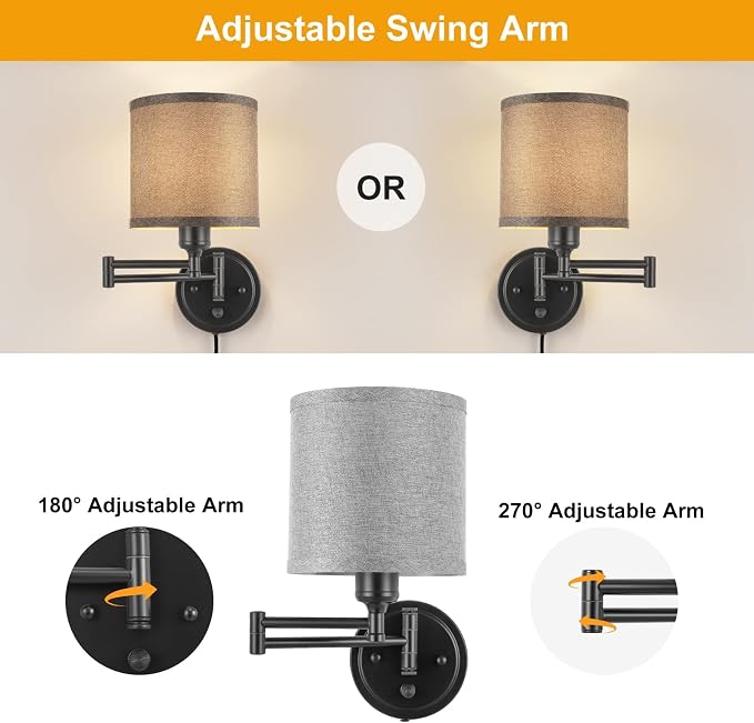 GOODATE Dimmable Plug in Wall Sconces, Swing Arm Wall Lamp, Wall Sconces Set of - Image 7