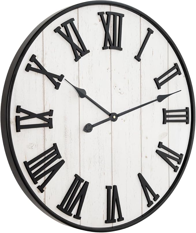 Large Rustic Wooden Wall Clock, 24 Inch Whitewashed Farmhouse Wall Clock - Image 9