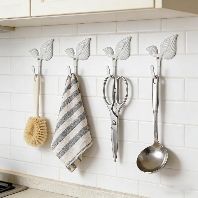 Set of 4 Vintage Leaf Wall Hooks White Metal Coat Hooks Heavy Duty Decorative - Image 5