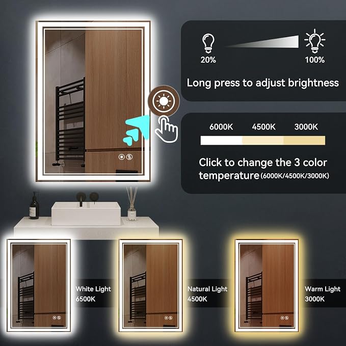 24“ x 36” LED Mirror for Bathroom Front and Backlit Anti-Fog Dimmable 3 Colors - Image 5