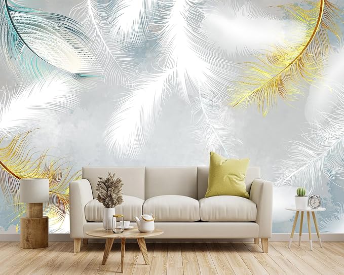 -Gold Modern Feather Fabric Wallpaper Living Room Bedroom Bathroom Large Wall - Image 2