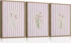 KISSFOX 3 Piece Floral Framed Wall Art Pink Wildflower Canvas Wall Art Flower by KISSFOX