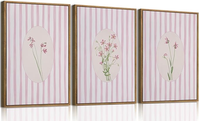 3 Piece Floral Framed Wall Art Pink Wildflower Canvas Wall Art Flower Pictures by KISSFOX