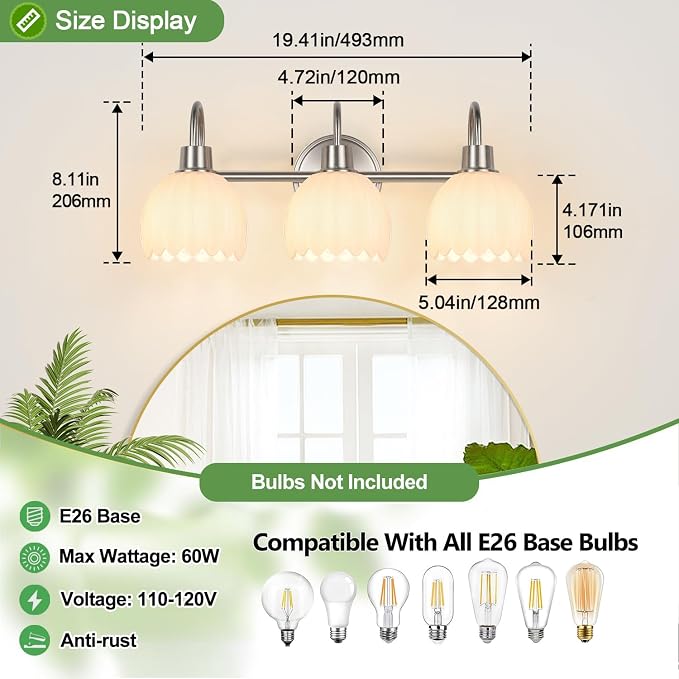 Bathroom Light Fixtures, 3-Light Brushed Nickel Bathroom Vanity Light Over - Image 9