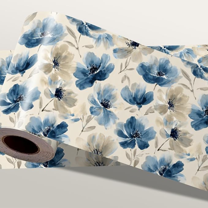 Blue Floral Wall Border 196x4 Inch Peel and Stick Vintage Flower Wallpaper by IOHEFY