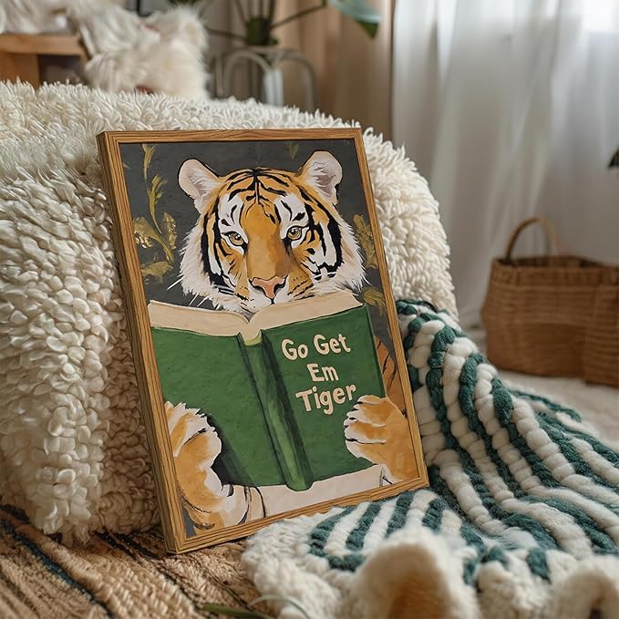Framed Funny Tiger Wall Art, Motivational Animal Reading Wall Decor Paintings - Image 3