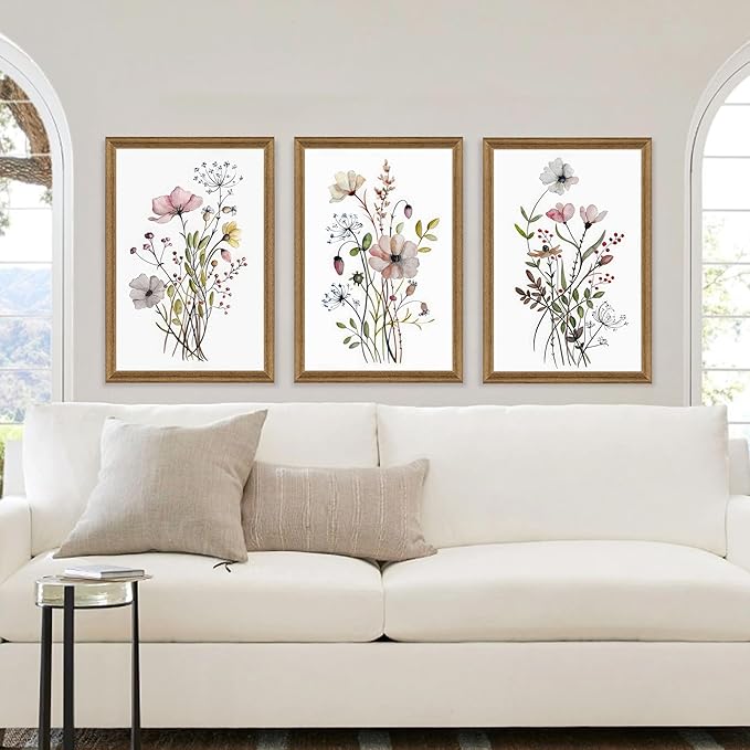 WRFON Framed Botanical Canvas Wall Art Set of 3, Watercolor Floral Prints - Image 2