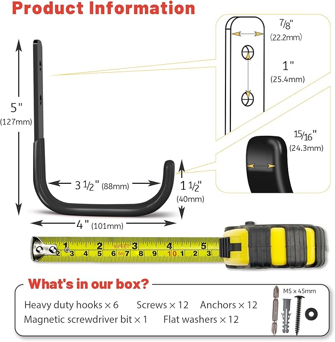 Garage Hooks 4 Inch, 6 Pack Heavy Duty Wall Hooks - Image 6