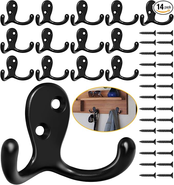 Homanu 14 Pack Coat Hooks, Heavy Duty Double Prong Coat Hooks Wall Mounted by Homanu