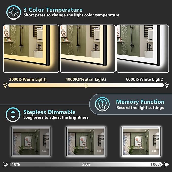 48x40 Black Framed LED Bathroom Mirror - Image 5