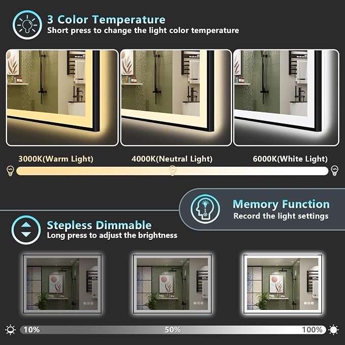 40x38 Black Framed LED Bathroom Mirror - Image 5
