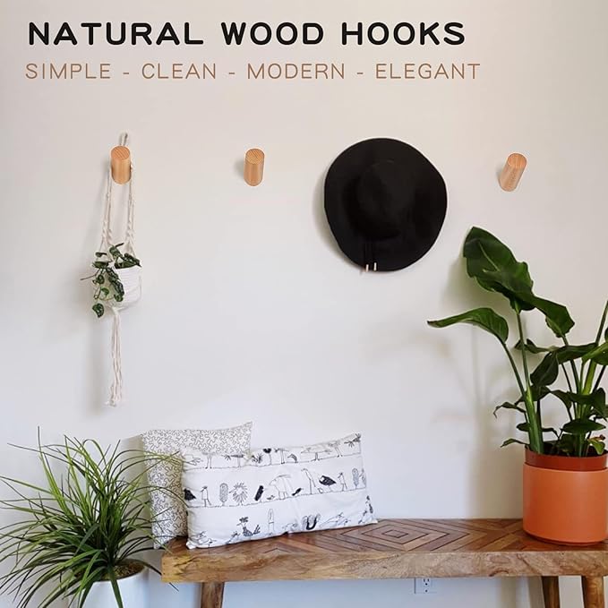 Felidio Wood Wall Hooks, 6 Pack Natural Wooden Coat Hooks Wall-Mounted - Image 3