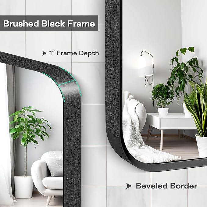 Wall Mount Mirror for Bathroom, Brushed Black Metal Framed Large Rounded Corner - Image 6