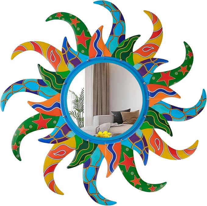 Colorful Sun Wall Mirror Decorative 25 inch Metal Frame Sunburst Boho Mirror by Unknown