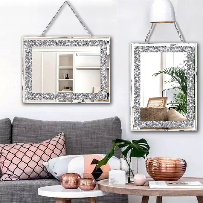 2 Piece Wall Mirrors, Crush Diamond Wall Décor Silver Decorative Mirrors - Image 3