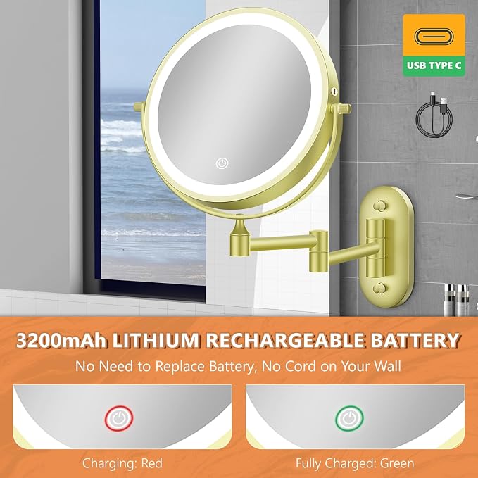 Auxmir 8'' Wall Mounted Lighted Makeup Mirror, 3200mAh Rechargeable - Image 2