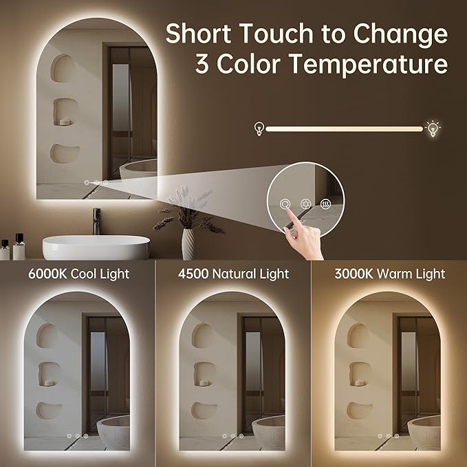 Arched Backlit Mirror Bathroom 24"x36"- Frameless LED Bathroom Mirror - Image 4