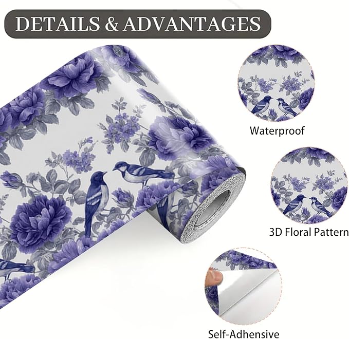 Blue Purple Floral Bird Wallpaper Border 196x4 Inch Peel and Stick Wall Border - Image 9