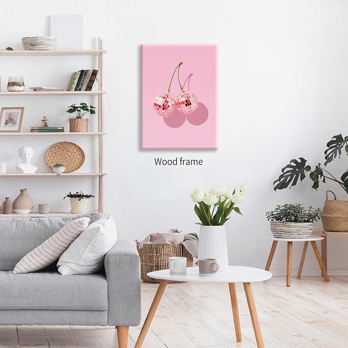 Funky Pink Cherry Poster Retro Disco Ball Canvas Wall Art 24X36 inch Framed - Image 4