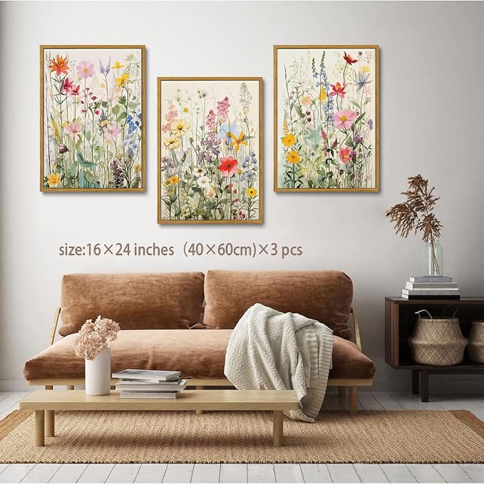 KISSFOX 3 Piece Watercolor Wildflower Botanical Framed Wall Art Colorful Floral - Image 3