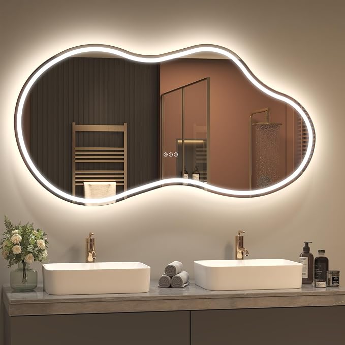 SMIROR Irregular Led Backlit Bathroom Mirror 60 x 32 inch, Asymmetrical Cloud by SMIROR