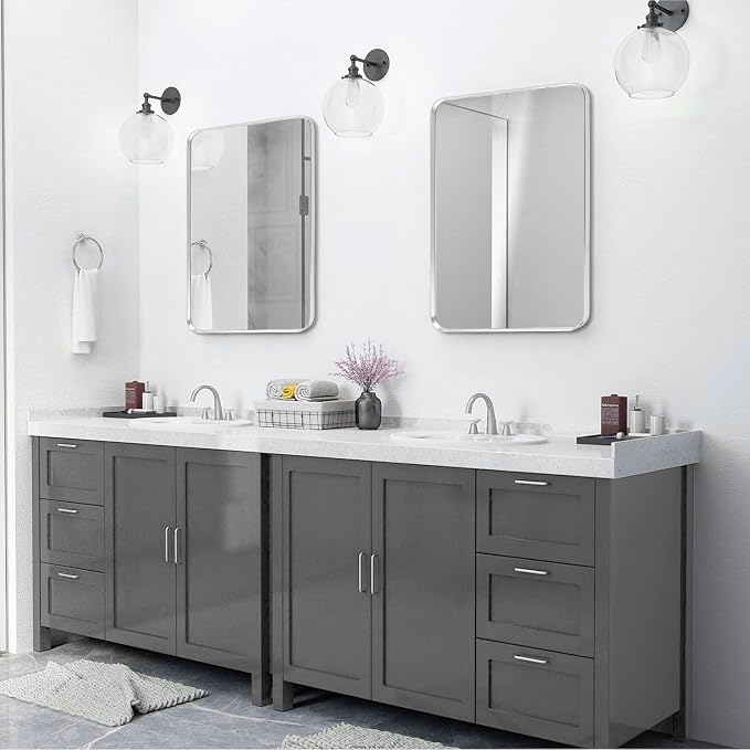 Wall Mount Mirror for Bathroom, Brushed Silver Metal Framed Rounded Corner - Image 4