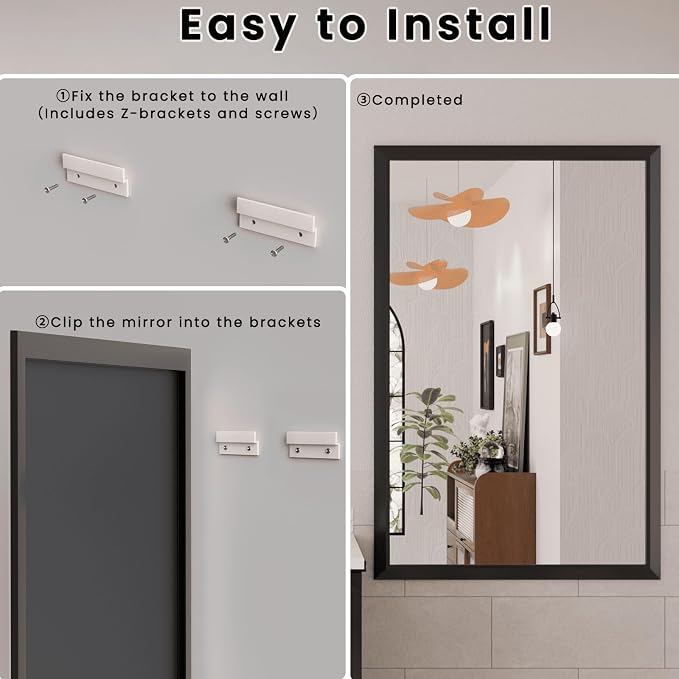 Amorho Bathroom Mirror Black, 48x40 Inch Thick Metal Framed Wall Mirrors - Image 4