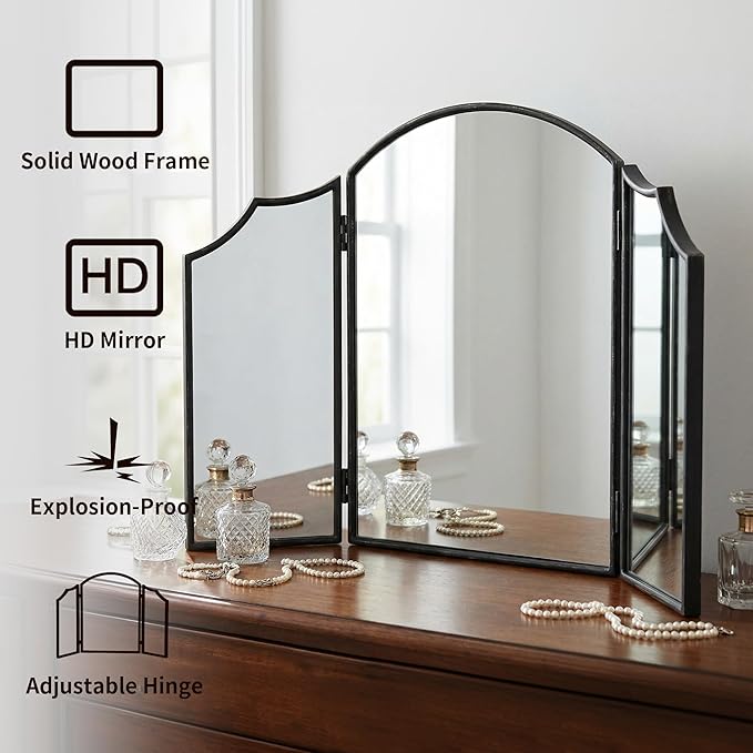 Besdomus Black Scalloped Dresser Mirror: 36"x24" Large Modern 3 Way Trifold - Image 3