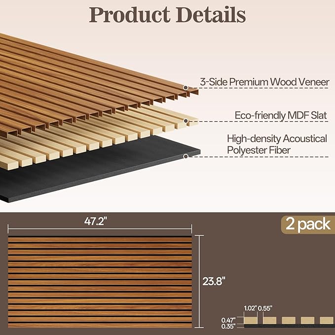 2 Pack Wood Panels for Wall, 47.24" x 23.81" Acoustic Wood Slat Wall Panel for - Image 2