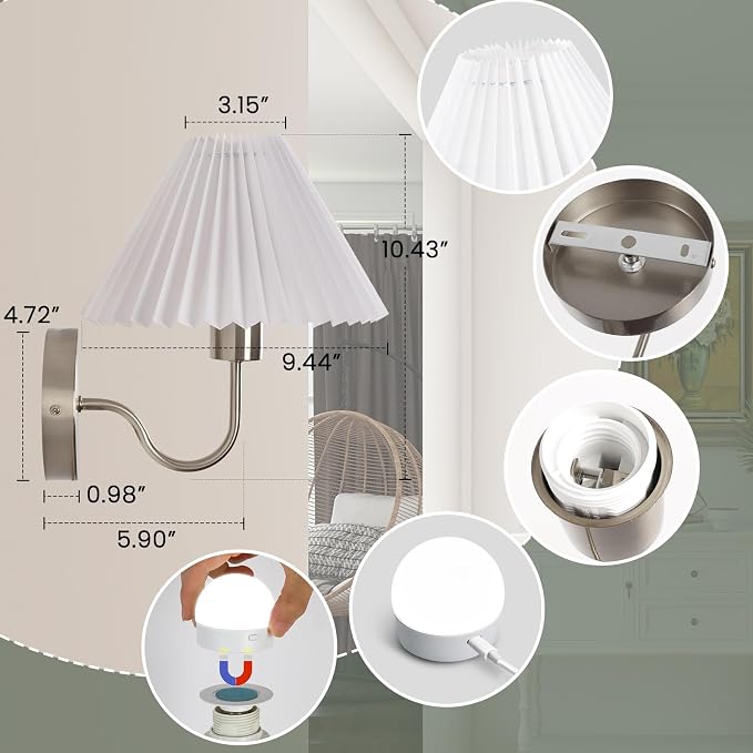 Wireless Wall Sconce Sets of 2, Pleated Shades Rechargeable Battery Operated - Image 5