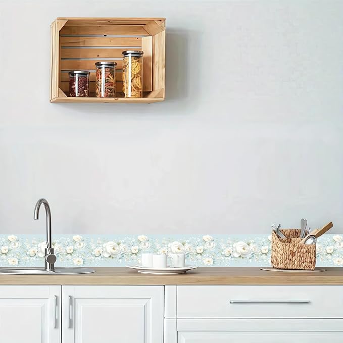 3D Floral Blue Wallpaper Border White Peony Peel and Stick Wall Border Self - Image 4