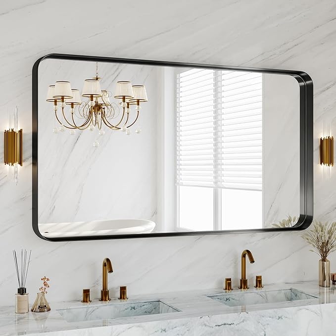 Black Metal Vanity Rounded Rectangle Bathroom Mirrors by MYSUNORIA