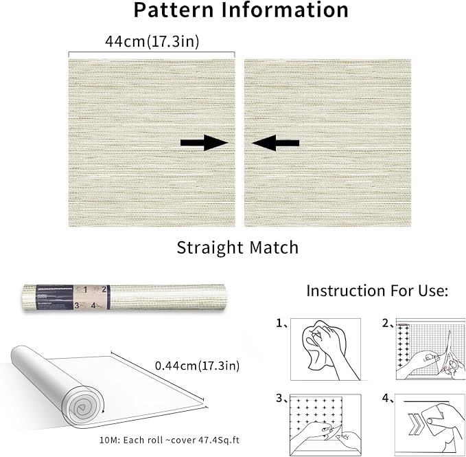Simon&Siff Cream Textured Grasscloth Peel and Stick Wallpaper 17.7"x394" - Image 8