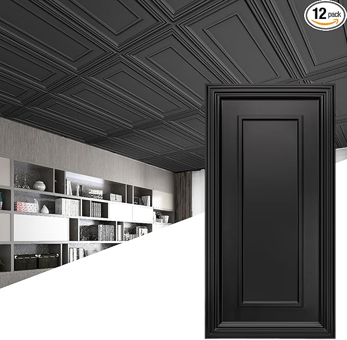 Art3d 12-Pack Drop Ceiling Tiles, 24x28 Inch PVC Panels in Black by Art3d